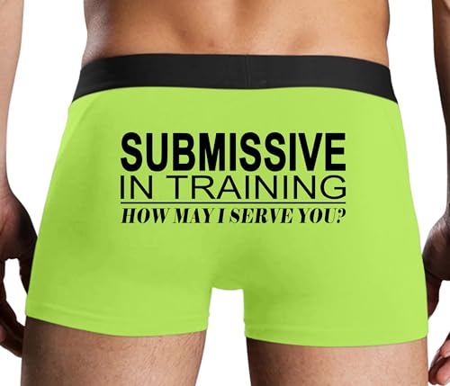 Knaughty Knickers Submissive in Training How May I serve You Neon Yellow Mens Boxer Brief Sexy Adult Design