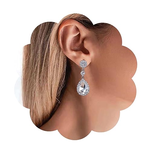 Yheakne Pendientes Vintage De Cristal De Lágrima De Diamantes De Imitación Cúbicos Cz Para Boda - Colgantes De Plata - Joyas Para Mujeres Y Niñas (Plata)