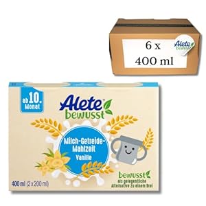 Alete bewusst Milch-Getreide-Mahlzeit Vanille, ab dem 10. Monat, trinkfertige Babynahrung mit Vanille-Aroma, praktischer Ersatz zu Babybrei, warm oder kalt trinken, 6 x 400 ml (2 x 200 ml)