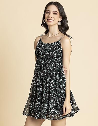 Image of Moomaya Women Printed Mini Dress, Strappy Shoulders Tiered Short Summer Dress