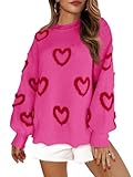 Saodimallsu Womens Heart Sweater Valentines Oversized Cute Winter Chunky Knit Crew Neck Side Slit Pullover Sweaters Rose Red