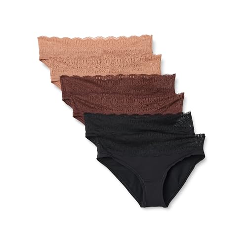 Amazon Essentials Braga de Bikini de Microfibra de Tacto Suave, con Detalles de Encaje Mujer, Pack de 6, Avellana/Bronce Lavado/Negro, 48