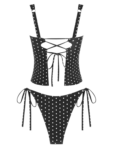 Image of ZAFUL Tankini Swimsuits for Women Gingham Bow Decor Ruched Back Cross Tie Tankini Set Tummy Control 2 Piece Bathing Suits