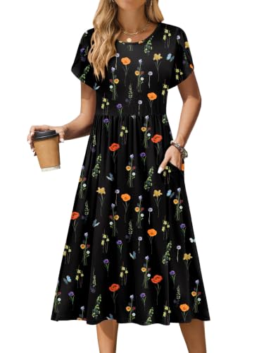 Image of Zeagoo Womens Summer Dresses Casual Aline Midi Dress Short Sleeve Floral Tshirt Dress Flowy Beach Sundresses with Pockets