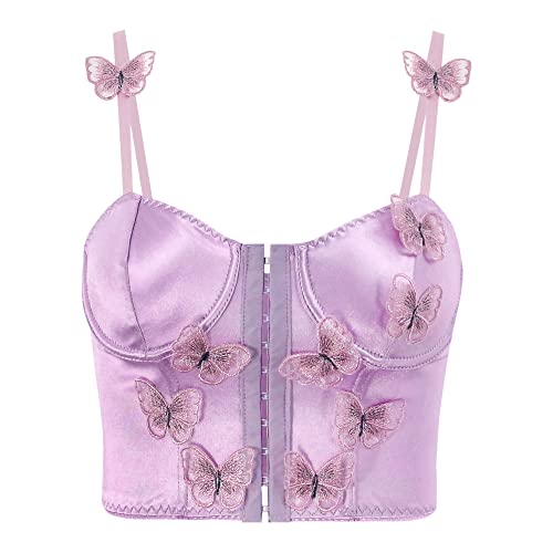 Testudineus Women Silky Satin Front Push Up Bustier Chic Butterfly Applique Corset Bra Vest Tight Sleeveless Tube Top