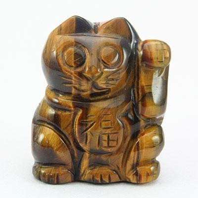 【石流通センター】【彫刻置物】招き猫 タイガーアイ・福 約32x40mm 天然石 パワーストーン