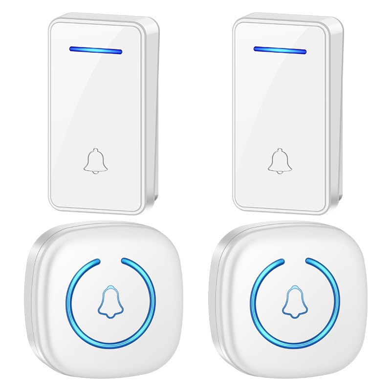 Genérico Timbres inalámbricos No Requiere batería Autoalimentado Enchufable Hermético IP65 Inalámbrico Varios Kits con 60 timbres, Volumen de 5 Niveles Luz LED, Blanco, 2 receptores + 2 Tim