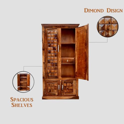 Image of Solid Wood Diamond Cut Four Door Almirah /Wardrobe /Cabinet with Storage of Four Shelves and Two Drawers (Natural Oak)