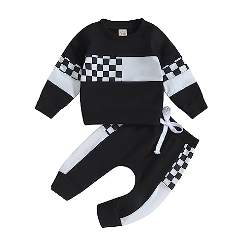 Image of BeQeuewll Fall Winter Toddler Baby Boy Clothes Color Block Checkboard Print Sweatshirt and Pants Sweatsuit Little Boy Clothing (Checkboard Black, 0-6 Months)