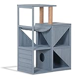 MCombo Cat House with Scratcher, Wood Cat Condo Furniture for Indoor, Kitten Villa Enclosures Gray 0505