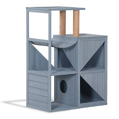 MCombo Cat House with Scratcher, Wood Cat Condo Furniture for Indoor, Kitten Villa Enclosures Gray 0505