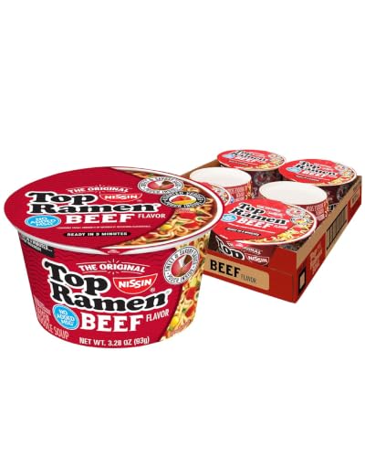 Nissin Top Ramen Bowl Ramen Noodle Soup, Beef, 3.28 Ounce (Pack of 6)