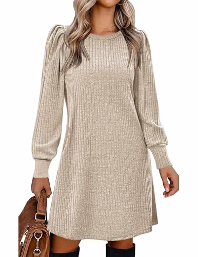 Zeagoo Tunic Dresses for Women 2025 Knit Sweater Dress Puff Long Sleeve Fall Dress Soft Warm Dress Casual, Khaki L