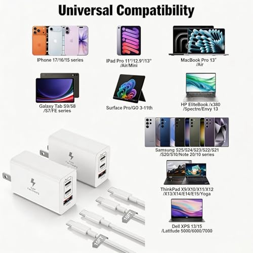 Image of 65W USB C Fast Charger Block and 10ft Type C to C Cable Cord Long,3-Port 100W USB C+USB A Wall Charging Plug Power Adapter for MacBook Pro /Air /iPad /Apple iPhone 17 16 15 Pro Max /Samsung Galaxy S26 S25