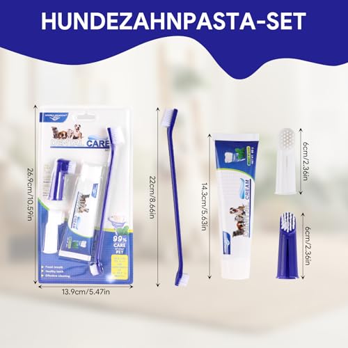 Hunde Zahnpflege Set, Hundezahnpasta Gegen Zahnstein und Hundezahnbürste Fingerzahnbürste Set, Hunde Zahnbürste, Zahnpflege für Hund und Katzen, Entfernt Plaque und Mundgeruch (blau)