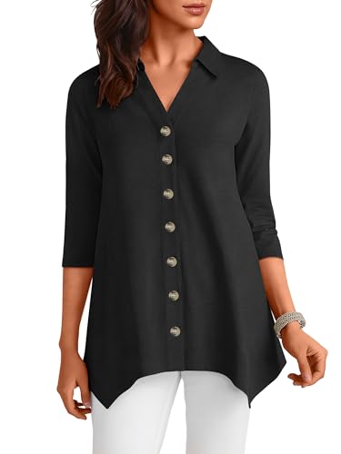 ANRABESS 3/4 Sleeve Tunic Tops for Women Lapel V Neck Button Down Shirts Business Dressy Casual Blouse with Asymmetrical Hem