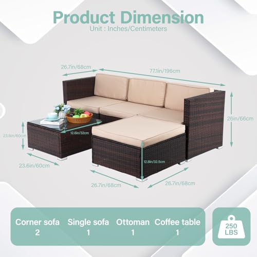 Ruesleag 5 Piece Outdoor Patio Furniture Set Rattan Sectional Sofa Set Conversation Set with Cushions and Ottoman Chair Armless Chair Glass Table for Balcony Garden Lawn Porch Poolside (Khaki) - Image 3