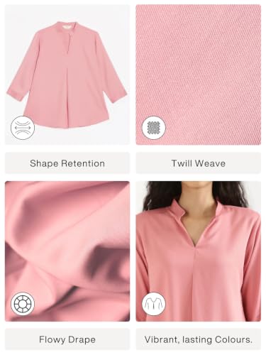 Image of SAADAA Top for Women, Viscose Pleated Tops, V-Neck with a Collar, 3 /4 Sleeve Length, Office & Casual Wear
