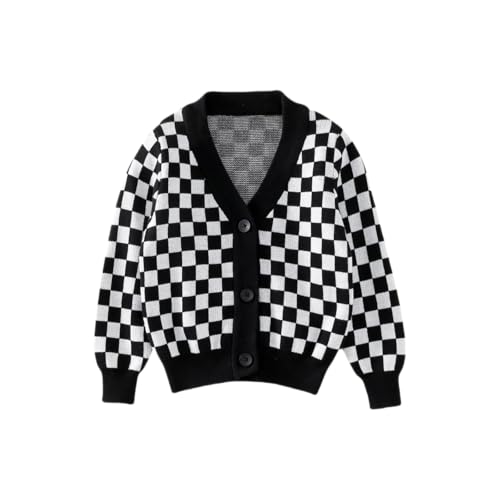 Girls' Long Sleeved Knitted V-Neck Top Button Checkered Trendy Jacket Knitted Cardigan