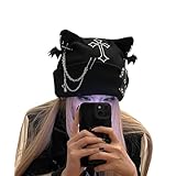 [ＪＱＢＦＬ] クロス 十字架 ゴスロリ ニット帽 ベルト飾り ゴシック デビル 猫耳 パンク帽子 ビーニー帽子 チェーン ニットキャップ グランジ 原宿系 ストリート サブカル 病みかわY2K(Mブラック)