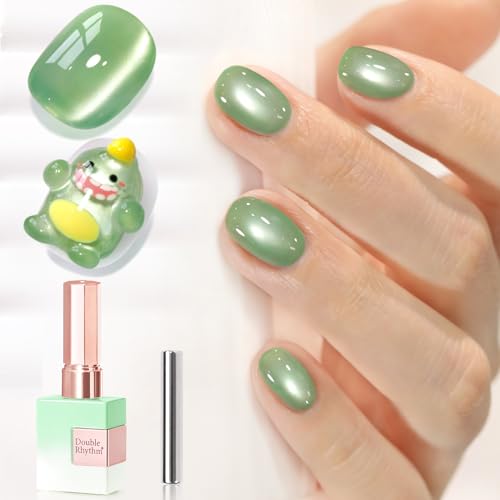 Double Rhythm Jelly Glass Cat Eye Gel Polish with Magnet 15ML Holographic Glitter Shimmer Translucent Sheer Color Magnetic Nail Polish Salon DIY at Home (Icy Olive Green-MC1221)