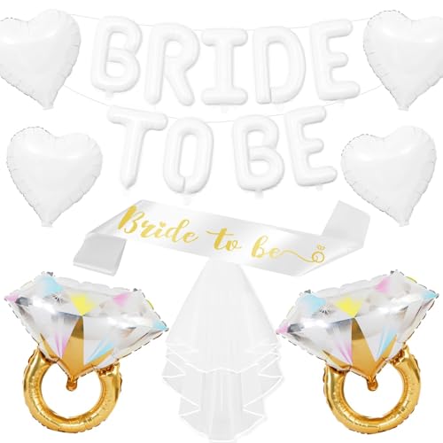 Image of White Bachelorette Party Decorations, White Bride to Be Banner Heart Balloons with Diamond Ring Foil Balloon, Gold Bride to Be Sash&Veil for Bachelorette Engagement Gift Bridal Shower Party Supplies