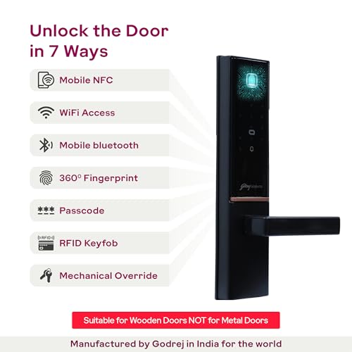Image of Godrej Smart Lock | The Only 7 in 1 NFC Digital Lock with Scheduled Biometric Access | VDP Compatible | Wooden Door in Home & Offices | Matte Black |3 Yrs Warranty |Made in India