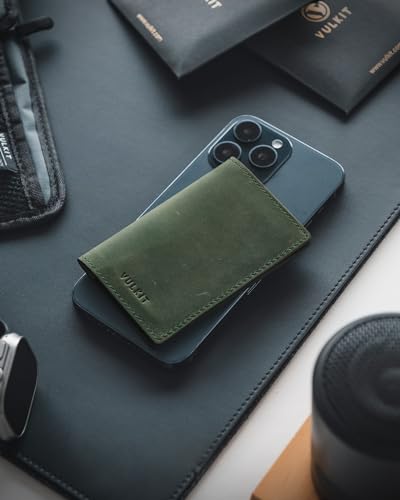 Image of VULKIT Genuine Leather Business Card Holder 2 Sided Slim Business Name Card Organizer for Men or Women, up to Hold 20 cards (Genuine Green)