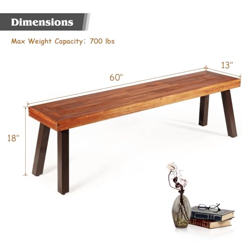 Image of Giantex 60 inch Acacia Wood Bnech, 3-Person Backless Outdoor Patio Dining Bench with Metal Legs & Adjustable Foot Pads for Entryway, Balcony, Porch, Backyard, Garden and Poolside (1 Pack)