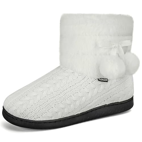 Knit Slipper Boots Women Plush Lining Memory Foam Indoor Outdoor House Shoes with Pom-Pom