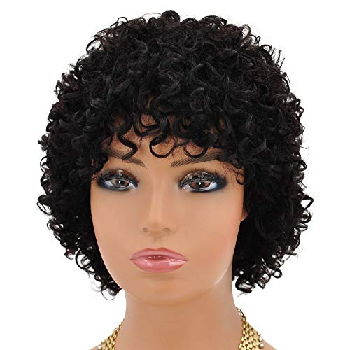 YENAS Natural Short Curly Human Hair Wigs with Bangs for Women-Wavy Wigs Brazilian Glueless None Lace Frontal Virgin Human Hair-Lightweight Soft Bouncy Hair Wigs Hair Color Black 1B (11.5 Inch 103G)