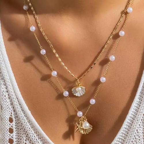 Shell Necklaces for Women 14k Gold Plated Layered Starfish Conch SeaShell Pearl Pendant Charm Necklace Adjustable Stainless Steel Chain Summer Beach Jewelry2