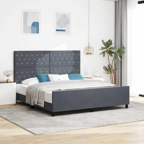 vidaXL Dunkelgraues Samtbettgestell 180 x 200 cm King Size mit Kristallknopf und gepolstertem Design. Stylisches Bett aus robustem Holz für Dein modernes Schlafzimmer.