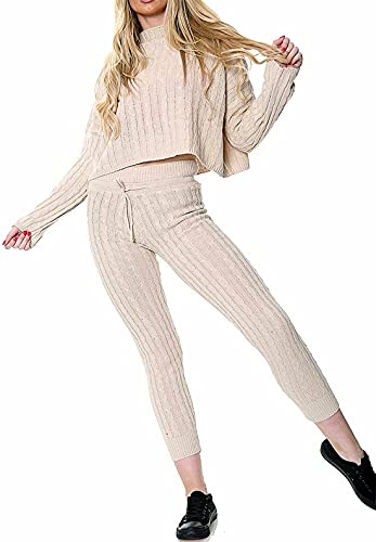 Survêtement 2 pièces en tricot pour femme avec pull col roulé épais