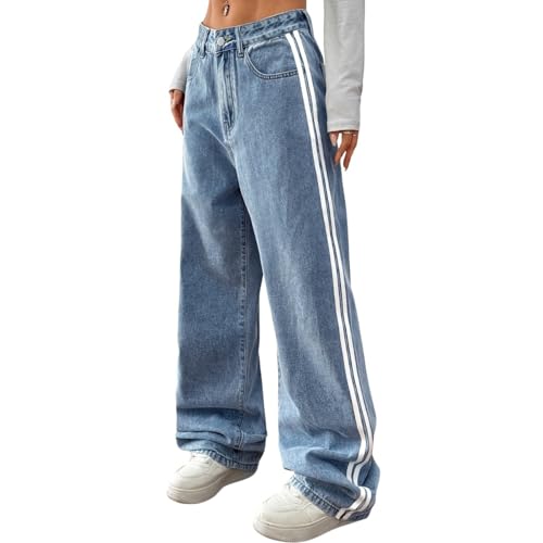OTEEGX Baggy Jeans for Women Men Straight Leg Striped Denim Pants Wide Leg Loose Sweatpants Aesthetic Clothes Blue-L