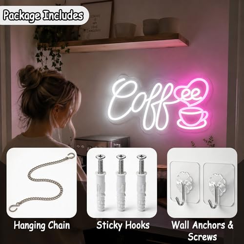 Image of Pink&White Neon Sign Led Neon Lights Signs for Wall Decor USB Powered Led Signs for Room Decoration-Heart Coffee Cup