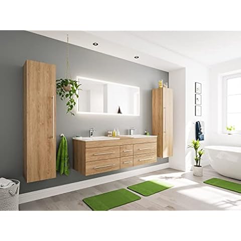Badmöbelset Komplett Roma XL 4-teilig inkl. LED-Spiegel Eiche hell Cover