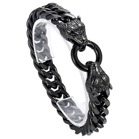Azubpi Stainless Steel/Gold/Black Plated Viking Wolf Link Chain Bracelet For Men 12mm Width, 8.66 Inch Length Classic Punk Jewelry (Black, 8.66) Cover
