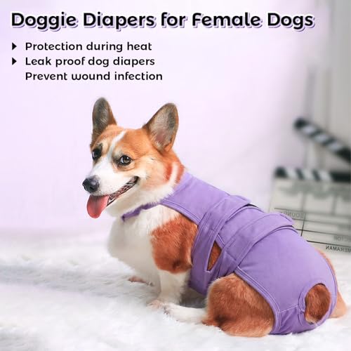 Image of QBLEEV Dog Diapers with Suspenders, Female Escape-Proof Full Body Dog Period Diapers Overalls, Reusable Washable Sanitary Panties for Heat Cycle & Incontinence, Doggie Underwear Onesie with Tail Hole