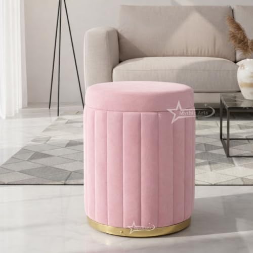 Image of Round Strip Stool with Cushion Foot Rest Office Stool Pouf Ottoman Padded Seat in Living Room - Pink