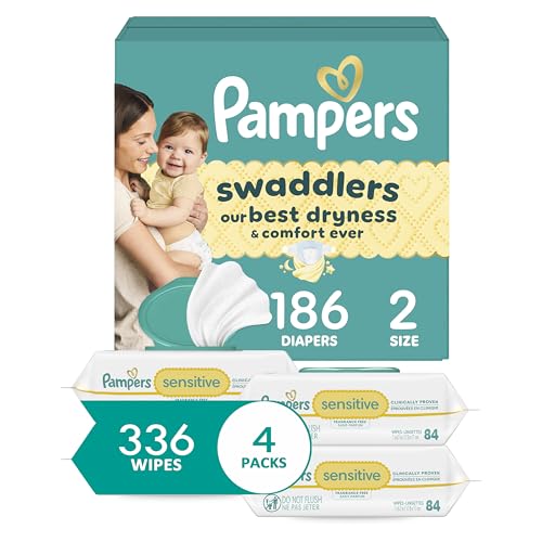 Image of Diapers Size 2, 186 Count and Baby Wipes - Pampers Swaddlers Disposable Baby Diapers and Water Baby Wipes Sensitive Pop-Top Packs, 336 Count (Packaging May Vary)