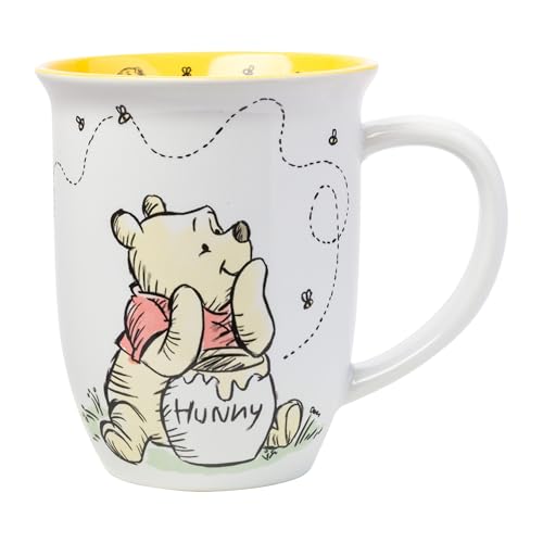 Silver Buffalo Disney Winnie the Pooh But First Hunny Wide Rim Bees Flying Ceramic Mug, 16 Ounces