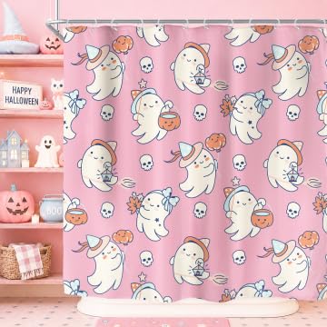 Image of Pink Halloween Shower Curtain Funny Ghost Cute Skull Pumpkin Bathroom Decor | 72 X 72 Inches Halloween Home Decor Fabric Polyester Waterproof 12 Pack Hooks