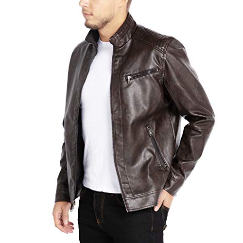 Image of WULFUL Men's Stand Collar Leather Jacket Motorcycle Lightweight Faux Leather Outwear