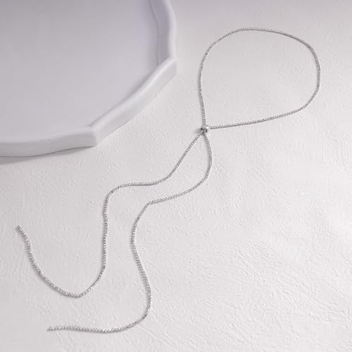 FAMARINE CZ Long Necklace, Rhinestone Bar Y Lariat Necklace Silver Tone for Women Birthday4