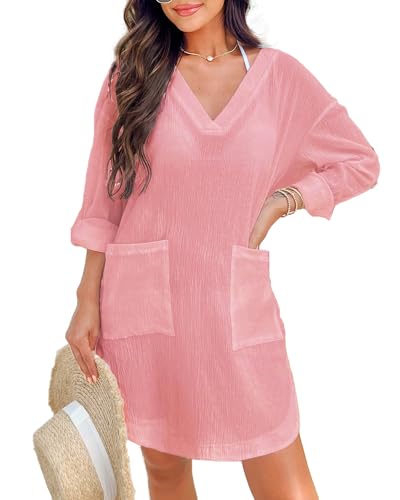 NLAND Copricostume Mare Donna Scollo a V Abito da Spiaggia Allentato Estate Vestiti da Vacanza Casual Bikini Cover Up Beachwear (Rosa,Taglia Unica)