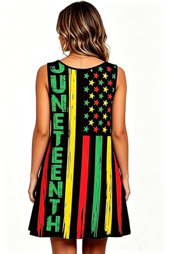 Image of Roshop Womens Juneteenth Flag Sleeveless Dress 4th of July Patriotic Swing Sundress with Pockets