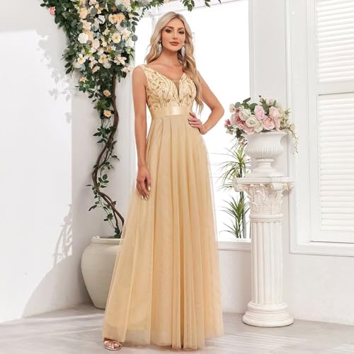 Women's Formal Dresses Long Tulle Evening Gowns A Line Sleeveless Sparkly Sequin Party Guest Homecoming Dress Gold M4