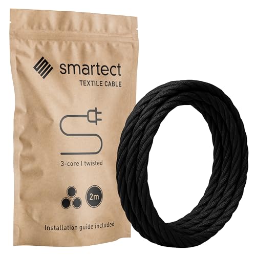 smartect Cable Electrique tordu Textile Noir, Fil Electrique Tissu de 2 Mètres, 3 Conducteurs (3 x...