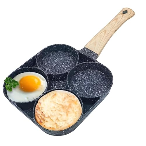 Image of Niyam 4-Hole Non-Stick Egg Frying Pan with Detachable Wooden Handle - Multi-Purpose Pan for Omelets, Burgers, Poached Eggs, Pancakes, Crepes Breakfast cookware in The Kitchen (Black B, 17cm)